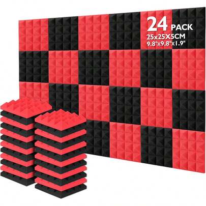 Acolchado Insonorizado,  24 Paquetes de Espuma Insonorizadora 25x25x5CM Paneles de Espuma Acústica Rojo y Negra, Ideales para Grabar en Estudios, Salas de TV, Habitaciones de Niños, Oficinas y Grabaciones de Podcasts