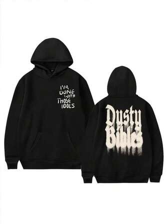 Idol & Dusty Bible Slogan(250g Polyester Fiber) Fashionable Men's Casual Long-Sleeve Crew Neck  Hooded Sweatshirt, Suitable For Outdoor Sports, Ideal For Autumn And Winter With Prints.