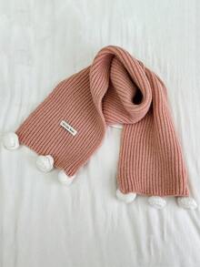 1pc Kids Christmas Pom Pom Ribbed Scarf, Minimalist Letter Print, Unisex Warm Neck Warmer For Autumn/Winter - A - View 2