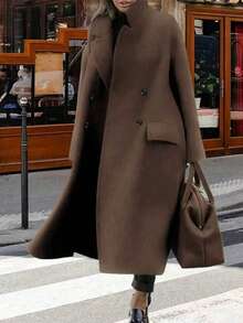秋冬季女士休闲羊毛混纺翻领长袖通勤优雅长款羊毛混纺大衣 - 深棕色 - 查看 3
