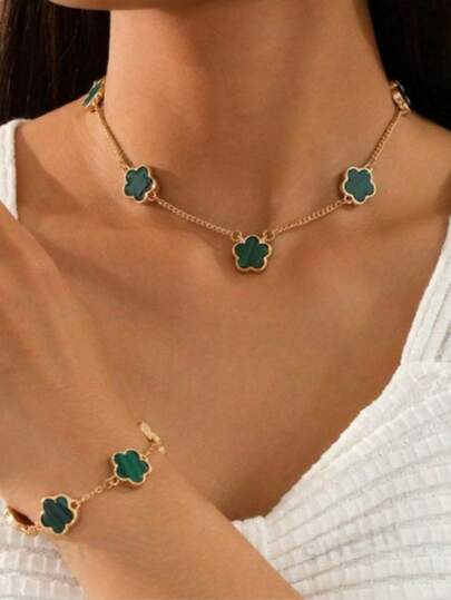 1 conjunto de colar e pulseira, com delicado pingente de trevo da sorte para mulheres
