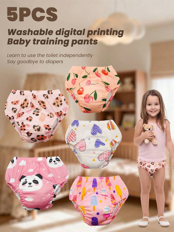5pcs Baby Reusable Printed Potty Training Pants, Boys & Girls Infant Toilet Training Underwear, Washable