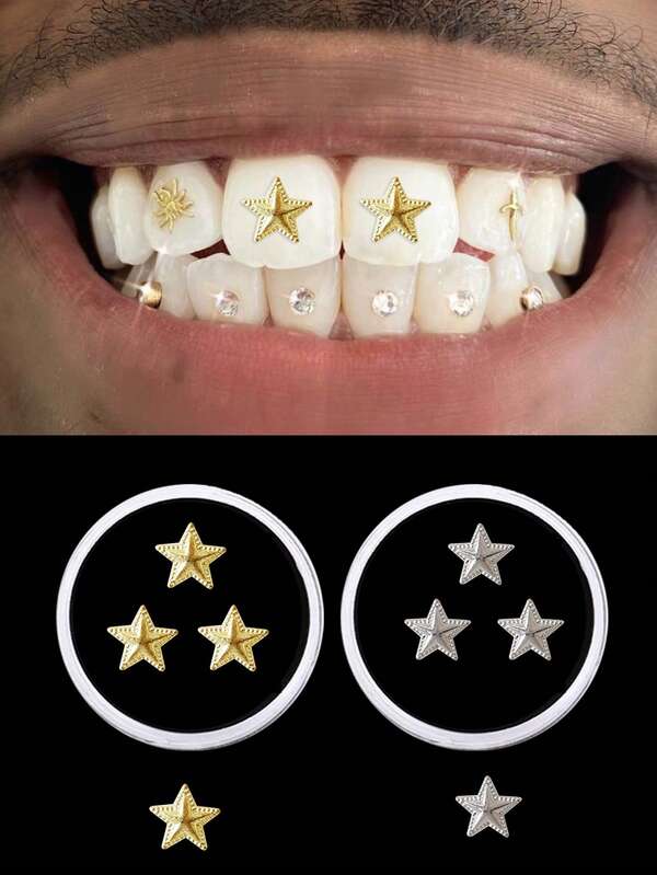 3 peças/caixa de joias de dente de metal com estrelas de Natal, joias de dente hip hop para homens (ouro/prata)