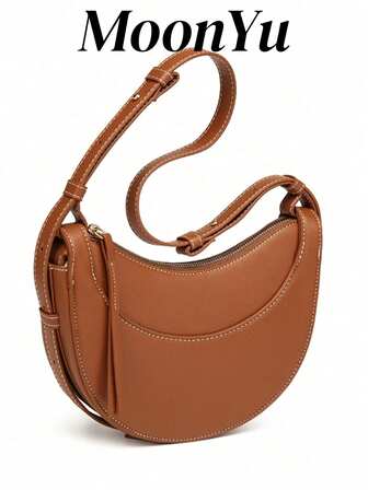 Crescent-Shaped Brown Saddle Bag For Women, Crossbody Shoulder Handbag, Textured Leather Phone Pouch