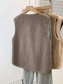 YUXIN 秋冬季女士必备单品！柔软仿羊羔绒无袖开衫背心，配有双口袋，超级保暖，日常百搭。 - 駝色 - 查看 6