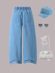 Tween 女童宽松喇叭牛仔裤，休闲浅蓝色牛仔裤，秋季 - 藍色 - 查看 5