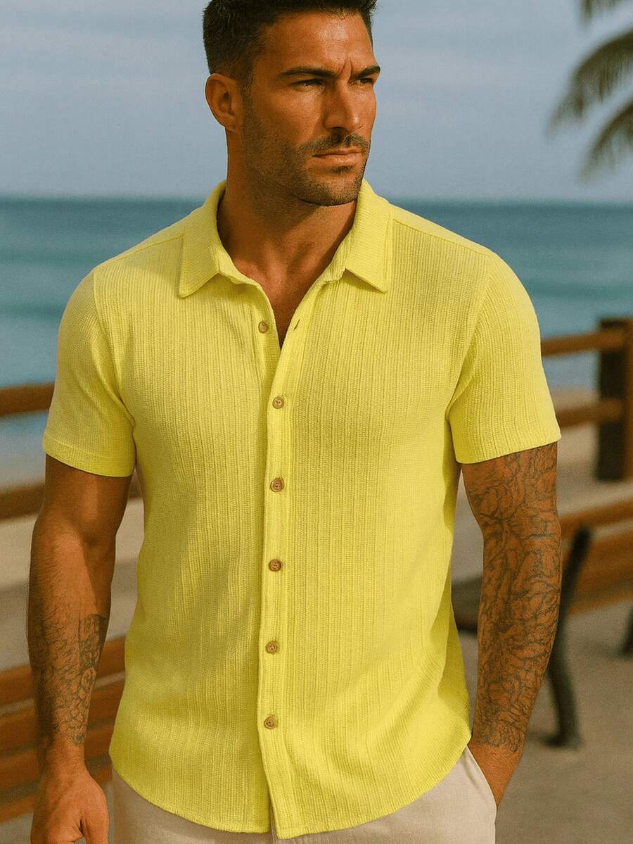Camisa Trico Masculina Casual Texturizada com Botões Camisa Casual Elegante Confortavel - Amarelo Manteiga - Visão 1