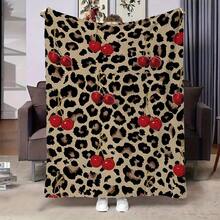 1pc Leopard Cherry Print Flannel Blanket - Ultra-Soft All-Season Throw For Sofa, Bed, Travel & Home Decor - Machine Washable Cozy Gift With Bold Animal Print & Red Cherries, Throw Blanket For Couch, Plush Texture, Contemporary Style, Durable Fabric, Stylish Living-280GSM - 彩色 - 查看 6