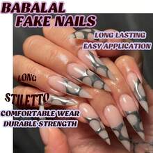 Press On Nails Long Stiletto Fake Nails Sliver Chrome Glue On Nails Y2k Acrylic Nails 24Pcs Almond Manicure Stick On Artificial Nails - 多色4 - 查看 7