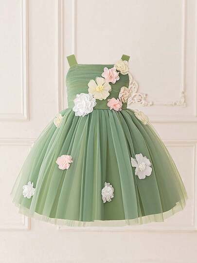 Young Girls' Sleeveless 3D Floral Mesh Tulle Elegant Flower Girl Dress For Wedding, Party, Vacation, Excluding Headband