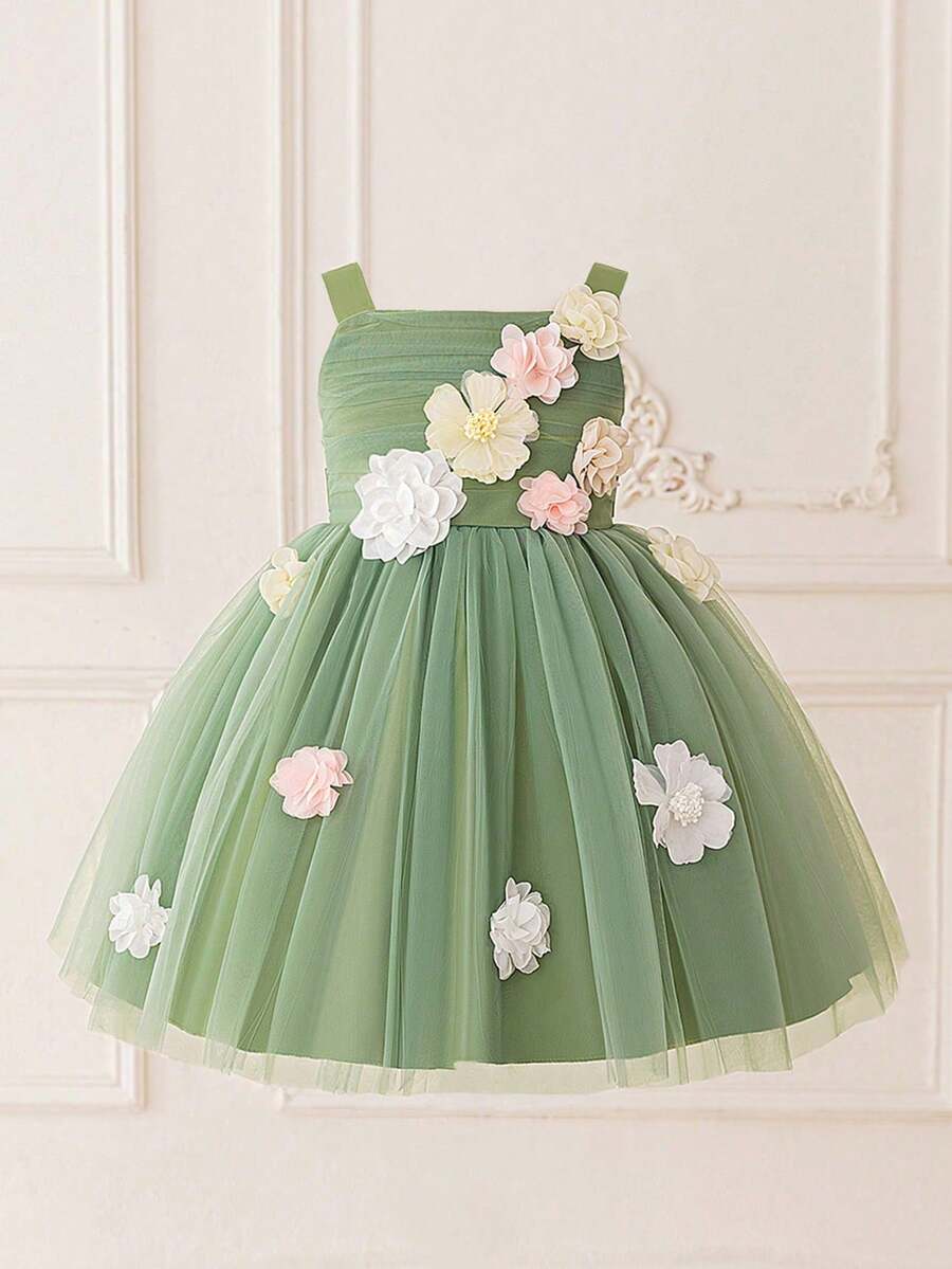 Young Girls' Sleeveless 3D Floral Mesh Tulle Elegant Flower Girl Dress For Wedding, Party, Vacation, Excluding Headband - 綠色 - 查看 1