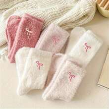 5 Pairs Of Women's Plush Bow Mid-Calf Socks Winter Fleece-Lined Thick Warm Sleep Socks Pink Set