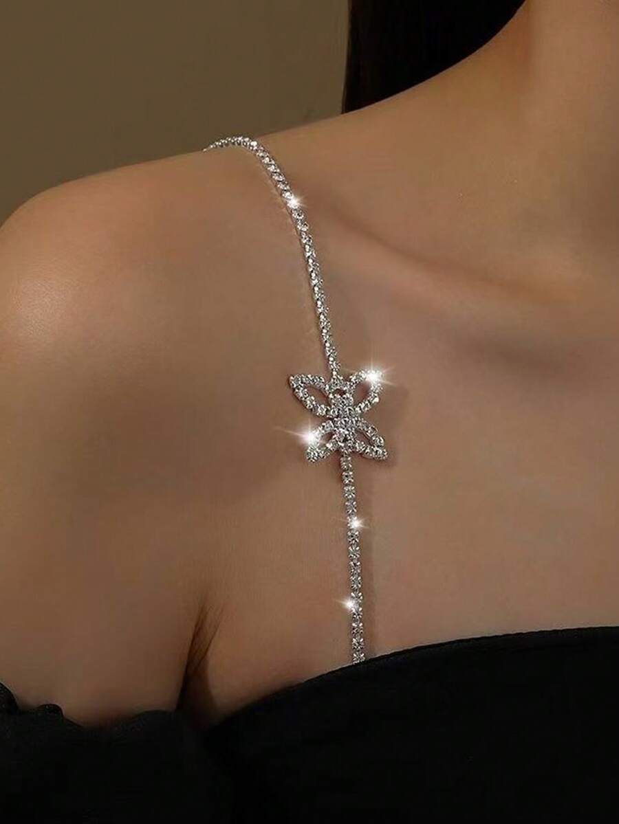 1pc Silver Bow Rhinestone Shoulder Strap, Fashionable Sexy Single Shoulder Strap Accessory For Women Wedding Dress