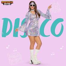 70s Disco Costume For Women, Retro Halloween Party Dress With Accessories, 1970s Dance Outfit - 紫色 - 查看 2