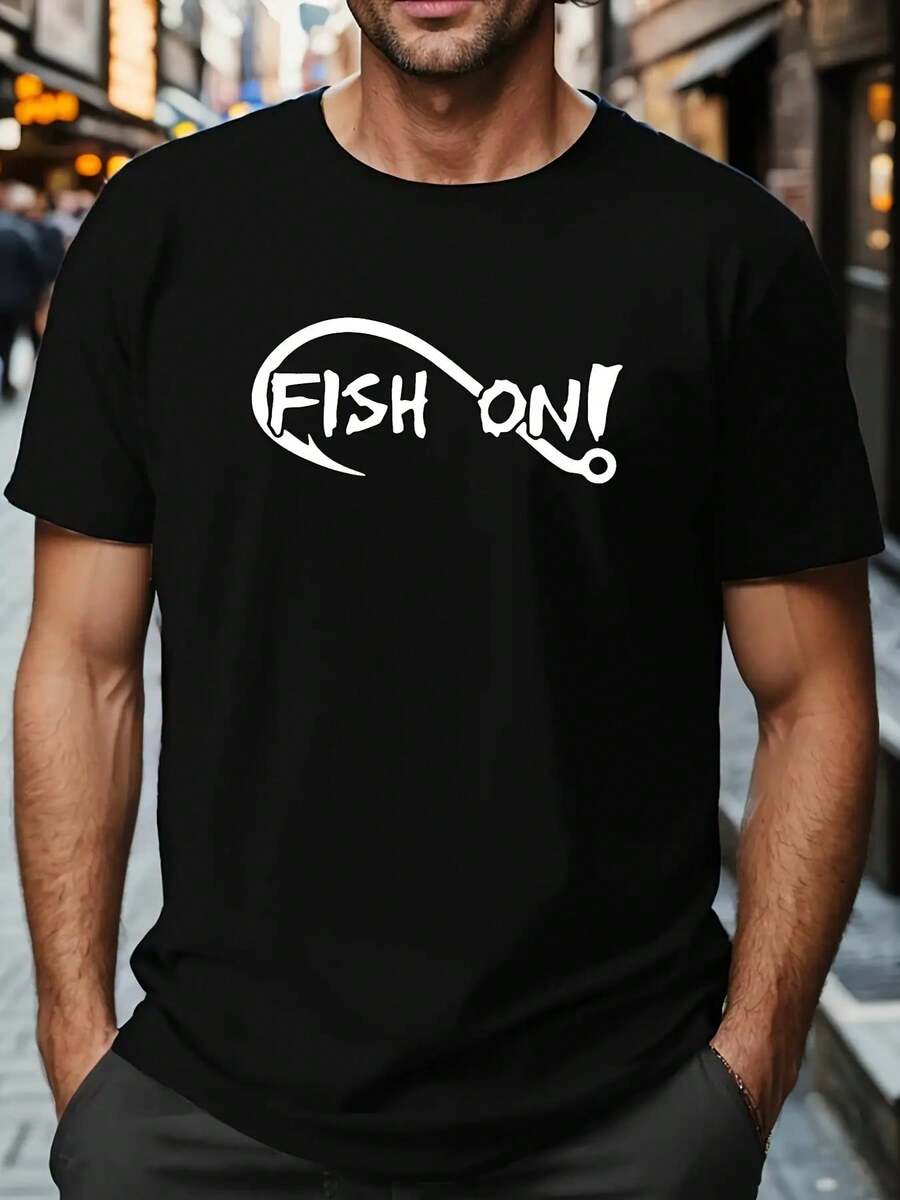 Men's Funny Fishing Graphic T-Shirt - "Fish On!"Bold White Print - Black Crewneck Tee For Anglers - Lightweight Summer Shirt - Machine Washable Casual Top, Fishing Shirt, Outdoor Activity Apparel, Fun Print Shirt, Comfortable Fit, Angler Clothing, Durable Material, Angler Gear - màu đen - Xem 1