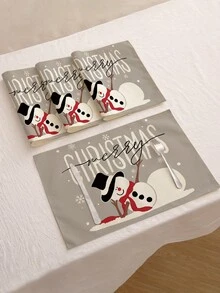 1 pièce/4 pièces/6 pièces/60 pièces Sets de table en lin bonhomme de neige de Noël, sets de table d'hiver de Noël, Joyeux Noël, convient pour la maison, le restaurant, la décoration de table à manger, articles ménagers