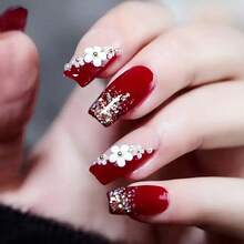 24 Pcs Valentines Red Press On Nails Coffin Shape Fake Nail Tips Kit For Nail Extensions Full Cover Acrylic Nails Women Finger Manicure Decorations (Flower) - DDZ101litishanchah - View 2