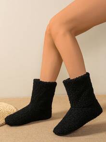 Botas Cano Médio Forradas Termicamente de Tecido Boêmio de Cor Sólida para Mulheres, Uso Doméstico, Outono/Inverno