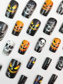 Paznokcie samoprzylepne z motywem czaszki na Halloween, jesienne naklejki na paznokcie, czarne paznokcie, paznokcie na Halloween, jesienne naklejki samoprzylepne, paznokcie samoprzylepne