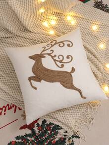 1pc/2pcs Christmas Decorative Pillow Cover, Christmas Reindeer Canvas Rope Embroidery, Winter Living Room Sofa Bedroom Holiday Gift - Khaki - View 7
