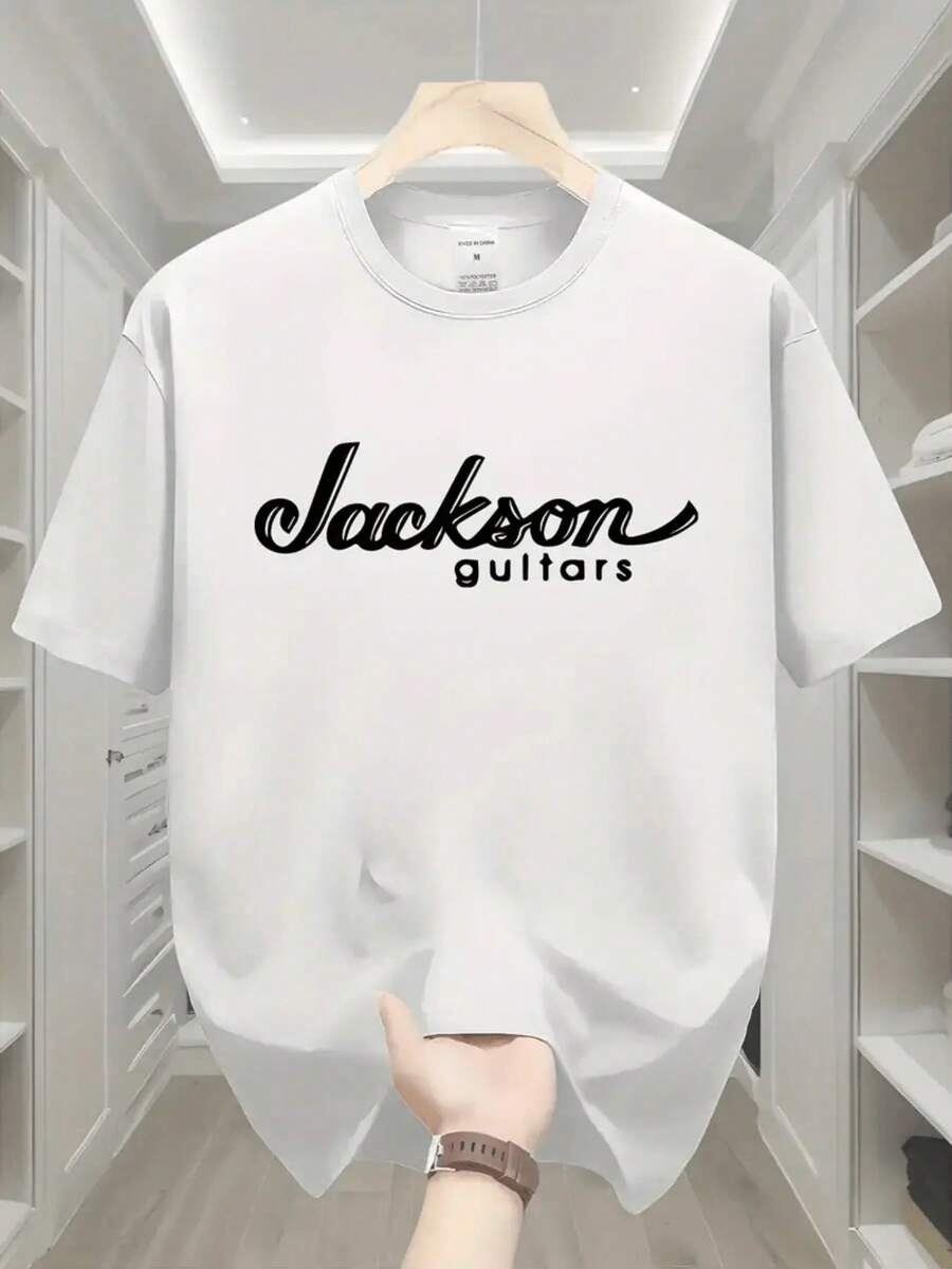 Real Man~Men's Summer Casual Short Sleeve T-Shirt With Jackson Guitars Graphic Print - White & Black Regular Fit Round Neck Tee For Outdoor Activities, Machine Washable, Summer T Shirts, Comfortable Fabric, Leisure Outfit,  Design, Soft Texture, Printed Shirt, Street Style Lovers - trắng - Xem 1