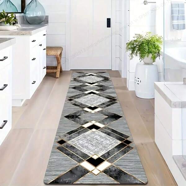 1 PIEZA Elegante alfombra de área geométrica en blanco y negro - Liviana, de terciopelo cristalino, con base de plástico con puntos, alfombra rectangular para piso de cocina, pasillo, lavandería - Uso interior/exterior, alfombra decorativa para el hogar | Alfombra con patrón geométrico | Alfombra de piso duradera, revestimiento de piso decorativo, decoración navideña, alfombra de cocina