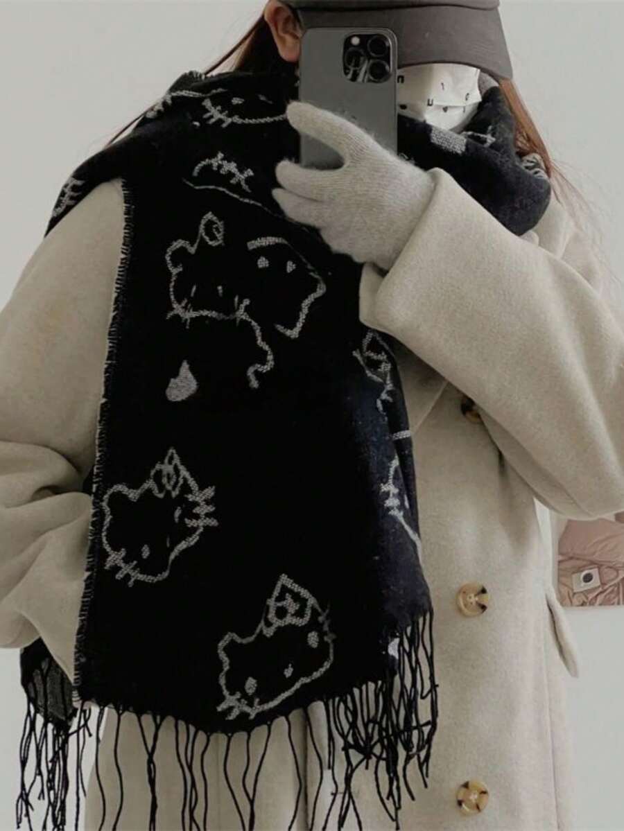 Sanrio 1 件纯色针织 Hello Kitty 围巾，防风保暖，适合骑行，适合秋冬季 - 彩色 - 查看 1