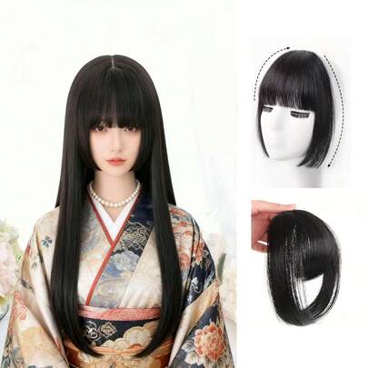 10 pulgadas Flequillo sintético natural tipo Ins, Flequillo postizo de aire, Pieza de cabello con flequillo tipo princesa, Flequillo postizo invisible para mujeres, Extensión de cabello postizo mini negro para niñas