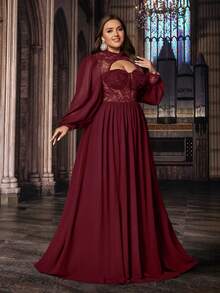 Elegante vestido de gala de gasa con mangas largas y encaje para mujer talla grande, ideal para el Día de San Valentín, bodas y fiestas de primavera - Burdeos - Ver 5