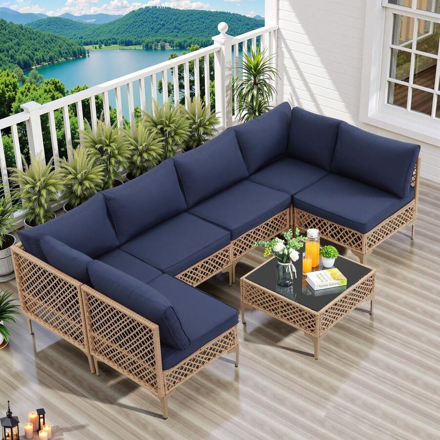 7-Piece Patio Furniture Set, Outdoor Wicker Conversation Set Sectional Sofa With Waterproof Thick Cushions & Coffee Table, For Backyard, Poolside, Garden, Porch, Yellow/Beige - Vàng/Xanh lam - Xem 1