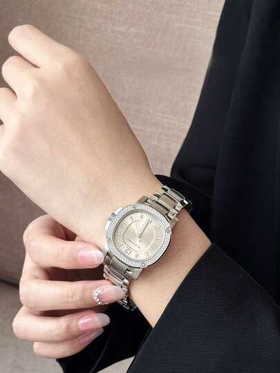 Burberry Rhinestone Champagne Dial Silver Tone Ladies Watch