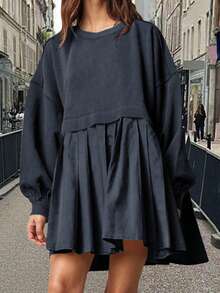 女士秋冬圆领套头长袖运动连衣裙褶皱拼接运动衫连衣裙 - 藏蓝色 - 查看 1