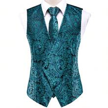 Mens Waistcoat Teal Blue Paisley Vest Tie Handkerchief Cufflinks Set Tuxedo Gilet Wedding Formal Casual - 水鴨藍 - 查看 3