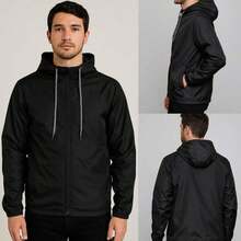 Men's Lightweight Plain Water-Repellent Windbreaker Jacket With Hood - Negro+Liso+GG - Ver 2