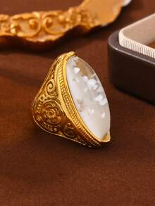 1pc Vintage Stainless Steel Personalized Retro Texture Tiger Eye Stone Signet Ring, Suitable For Men And Women, Daily, Festival, Engagement, Date, Wedding, Vacation Matching - Gold - View 5