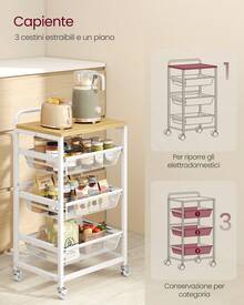 Carrello da Cucina a 4 Ripiani, con Cesti Scorrevoli, Carrellino da Cucina con Rotelle, con Maniglia, 31,7 x 40 x 76 cm, Rovere Dorato e Bianco Opaco - Bianco - Visualizzare 3