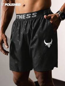 Boyfriend-Stil Herren Stier-Muster & Buchstaben Gurtband Lässig Shorts, Fitnessbekleidung, schwarze Gym Shorts, Athletische Shorts Schwarz, Herren Gym Shorts