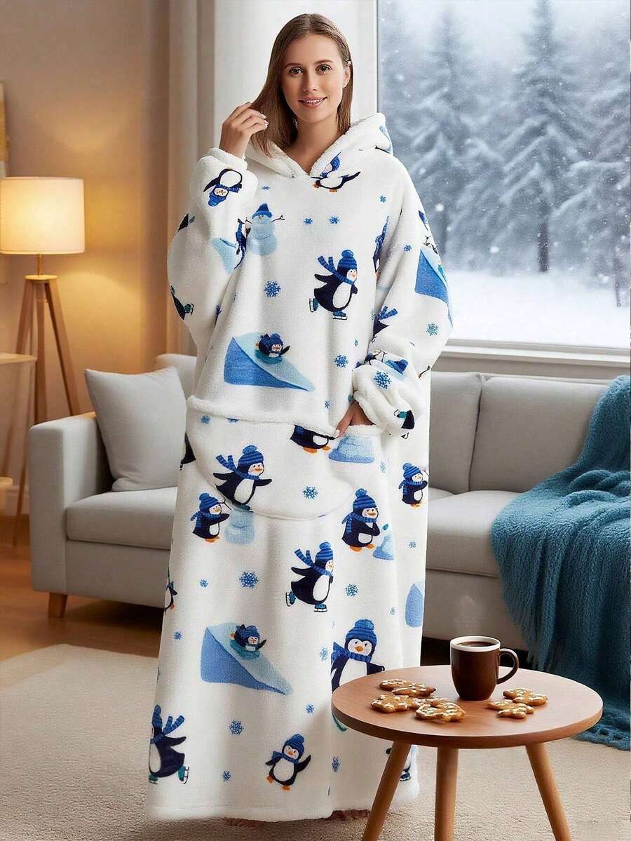 1件男女通用加厚抓绒连帽睡袍 - 宽松冬季家居服，卡通牛油果印花，100%涤纶，带口袋和弹性袖口，适合室内/室外穿着。连帽卫衣 - 宽松毛绒连帽衫，带袖子和超大口袋，保暖毯，男女皆宜，舒适的法兰绒面料，万圣节必备，可作睡袍使用，保暖防风。 - 彩色 - 查看 1