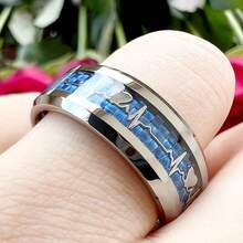 Valentine's Day Men's Silver Blue Heart Unique Design Carbon Fiber Inlaid With Synthetic Gemstones, Polished Dome Shape, Smooth Durable Waterproof Anti-Allergy Comfortable Wear, Perfect Gift For Weddings Or Anniversaries