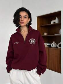 Sudadera holgada con cuello y cremallera para mujer, de manga larga y efecto estilizante, para otoño e invierno