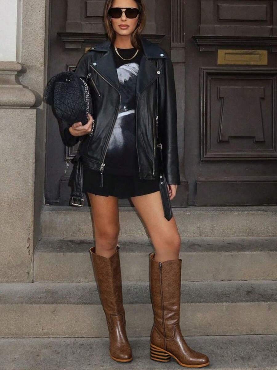 Wide Calf Dark Brown Knee High Campus Boots For Women, Square Toe Chunky Block Low Heel Vintage Long Boots For Holiday - nâu sẫm - Xem 1