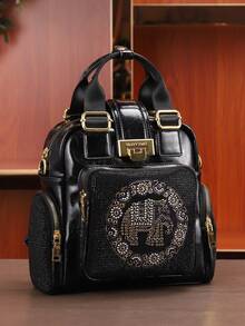 Bolso de mano negro para mujer con patrón de diamantes calientes con elefante y cremallera dorada. Mochila de gran capacidad. Estilo de moda de lujo multifuncional con múltiples bolsillos. Adecuado para fiestas, cenas, actividades al aire libre y viajes.