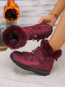 Women's Winter New Solid Color Versatile Comfortable Slip-On Side Zipper Snow Boots, Warm Thick Short Boots, Anti-Slip Waterproof Short Boots, Fashionable High-Top Snow Boots