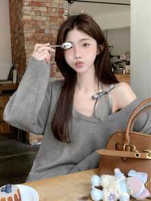 女士休闲灰色蝴蝶结系带露肩宽松针织毛衣，甜美温柔，适合冬季、圣诞节、春节、新年 - 灰色 - 查看 3