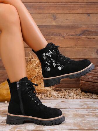 Women's Gothic Floral Ankle Boots - Thick Sole Chunky Heel, Floral Embroidery Side Zipper Design, All-Season Black Boots Suitable For Casual And Formal Occasions - Easy On/Off Round Toe Shoes