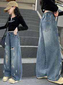 Girls' Holey Jeans, Girls' Wide Leg Pants Perfect For Spring And Autumn, Kids' Straight Pants - Blue - View 2