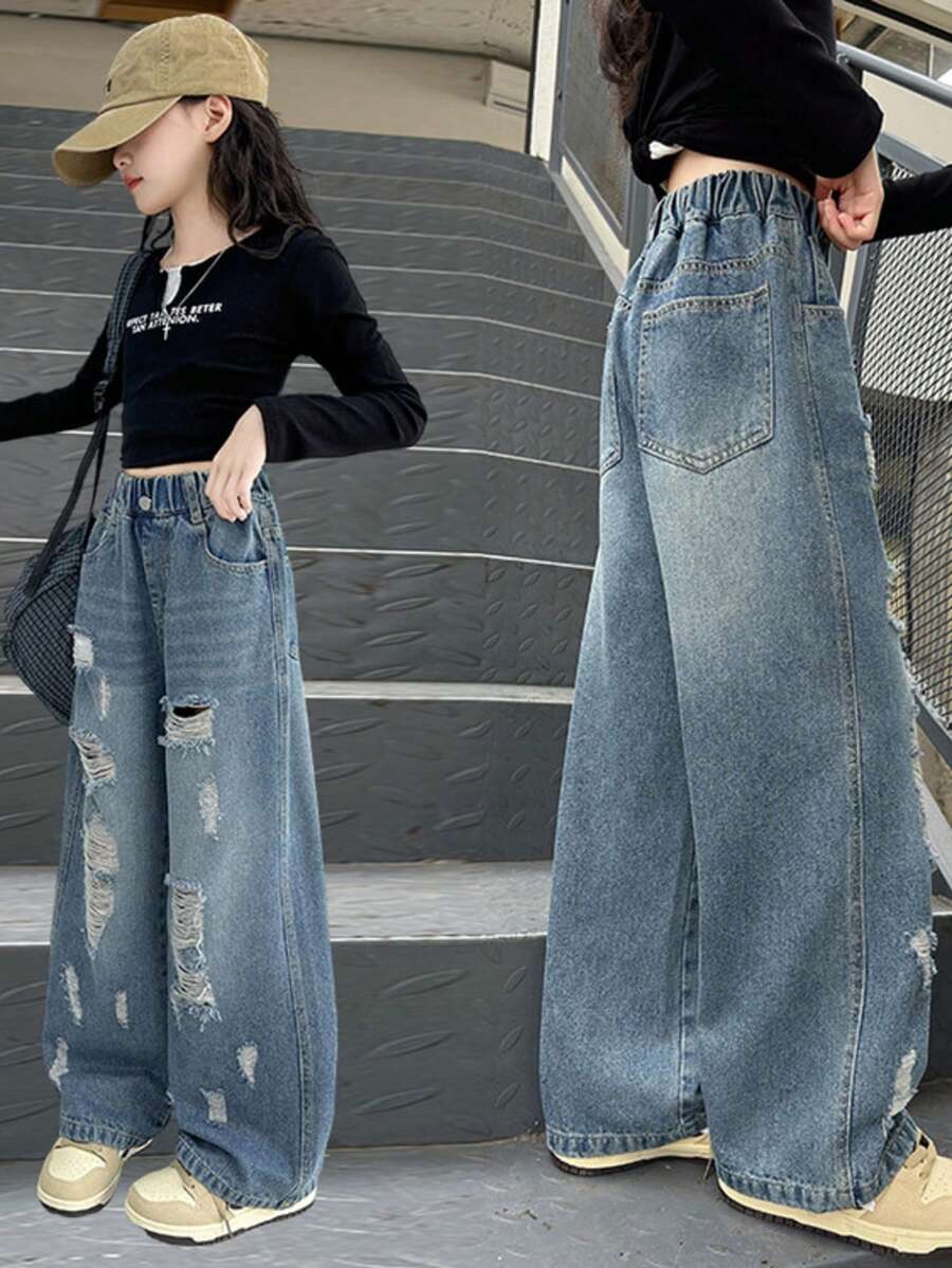 Girls' Holey Jeans, Girls' Wide Leg Pants Perfect For Spring And Autumn, Kids' Straight Pants