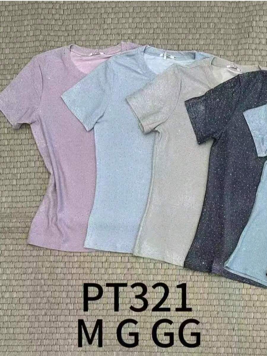 Short Sleeve Lurex Blouse With Shine - Silver - View 1