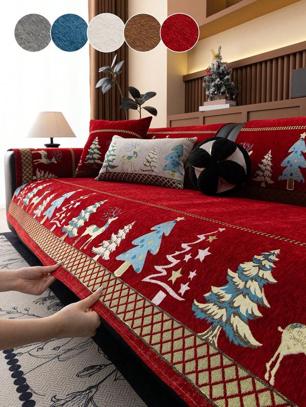 1PC Christmas Decorative Sofa Cushion Chenille Jacquard Non-Slip Seat Pad, Christmas Tree And Reindeer Pattern Festive Decorative Seat Cover, Suitable For 1-4 Seater Sectional Sofa Protector Cover, Machine Washable Christmas Decorations Christmas Decoration Christmas Decorations Home Room Decor Home Decor
