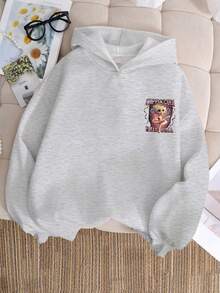 Sudadera con capucha de manga larga con estampado de bailarina de ballet y café para niña, adecuada para uso diario en otoño/invierno - Gris - Ver 4